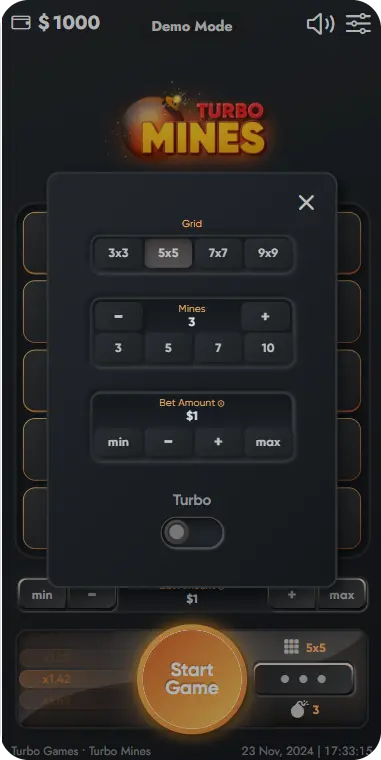 Turbo Mines bet settings